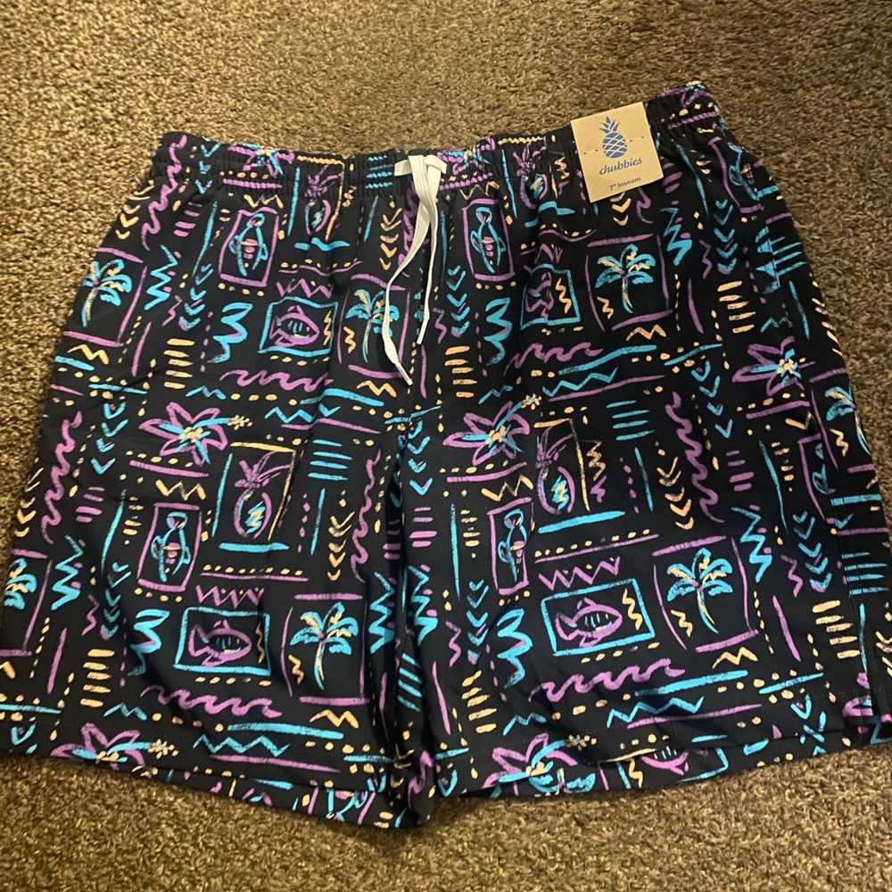 Chubbies Black and Purple Swim Trunks with Geometric Design